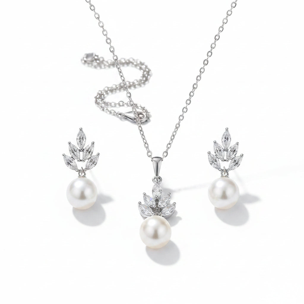 ZAKOL luxury zirconia simulated pearl earrings and pendant necklace set for women wedding jewelry