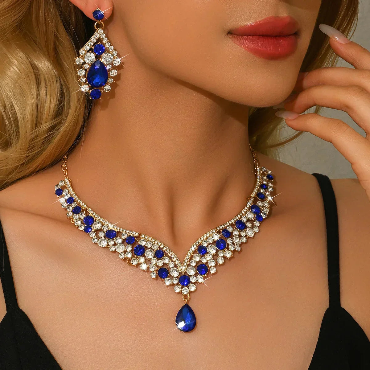 FYUAN Women's Jewelry Set with red and blue water drop crystals, zinc alloy casual style necklace and earrings for all seasons