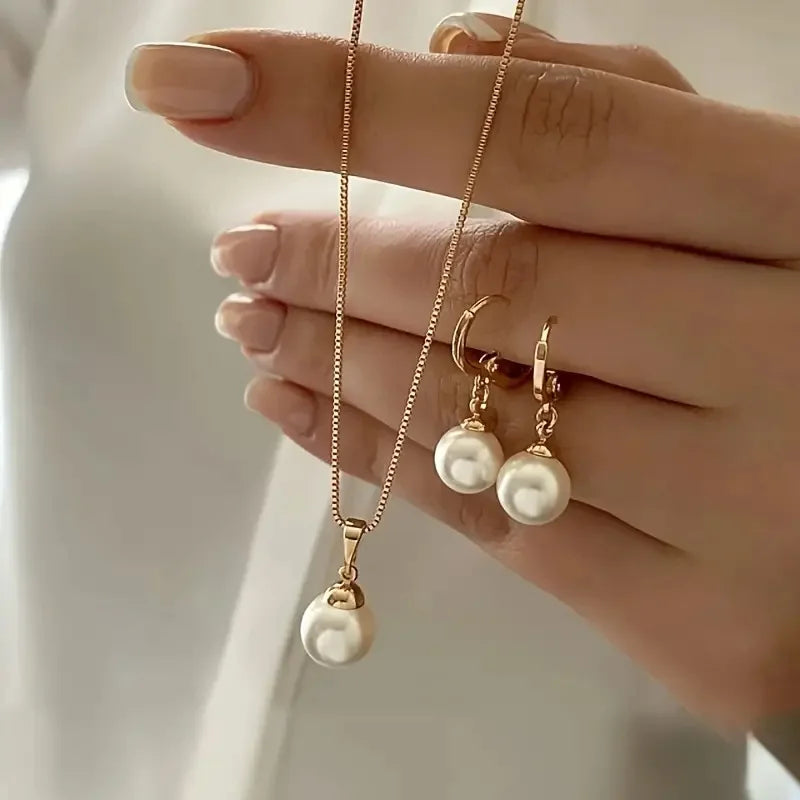 Fashion pearl jewelry set with dangle earrings and pendant necklace for elegant daily wear and parties