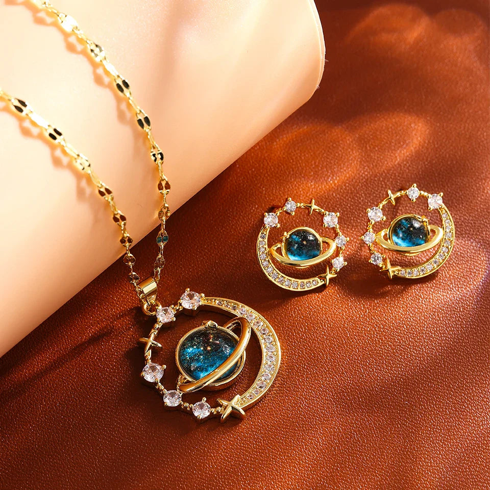 ZAKOL jewelry set titanium steel planet-themed earrings and necklace with polished finish and hypoallergenic design
