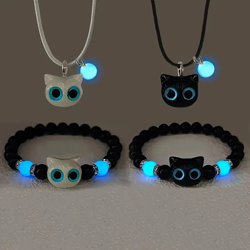 4-piece set of luminous cat beaded bracelet and necklace with glow-in-the-dark black beads and elastic charm wristbands