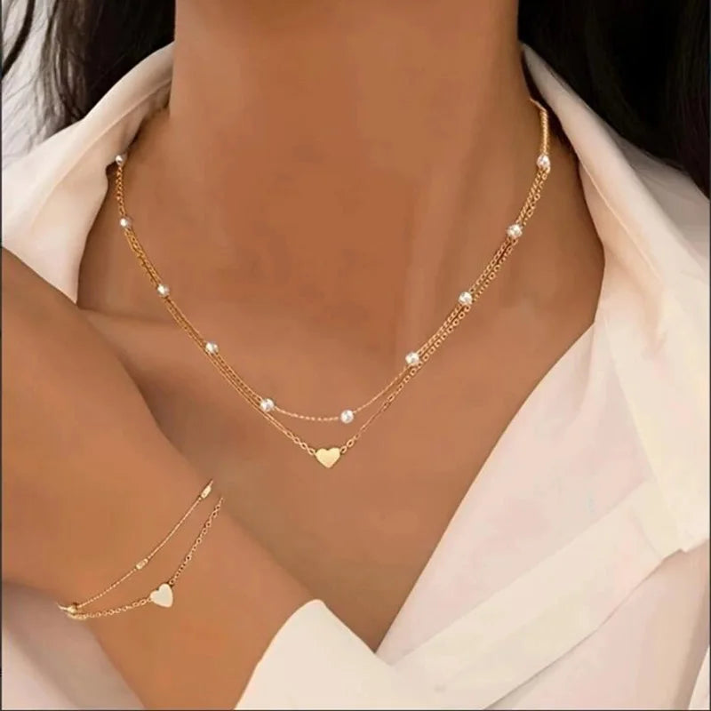 Imitation pearl heart jewelry set with gold and silver round bead necklace and bracelet for women