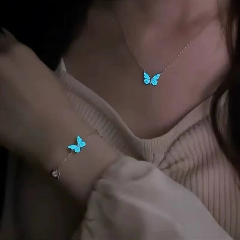 Luminous blue butterfly necklace and bracelet set glowing in the dark for women’s party jewelry