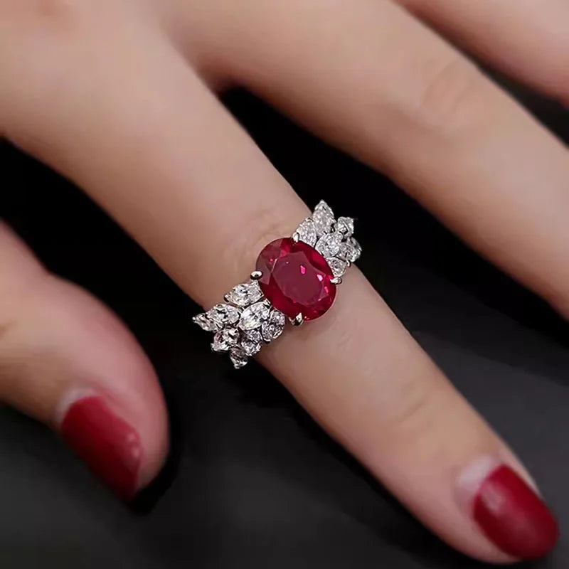 Foydjew Luxury 3 Carat Ruby Red Corundum Ring with Silver Band and High Carbon Diamond Accents
