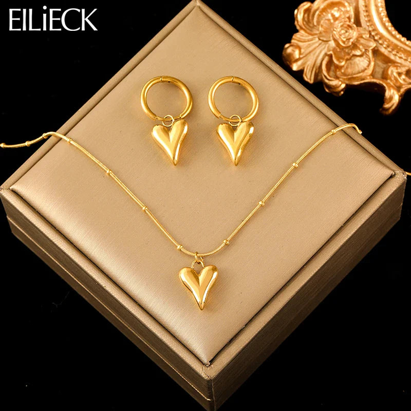 EILIECK jewelry set gold stainless steel heart necklace and earrings waterproof gift