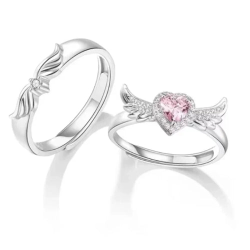 Chic angel wing ring with pink heart cubic zirconia on rhodium-plated sterling silver for couples Valentine's Day gift