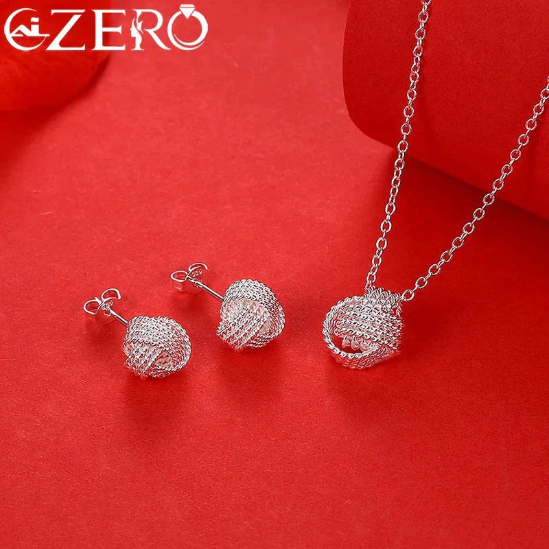 925 sterling silver ball necklace and stud earrings set for women, elegant party and wedding jewelry